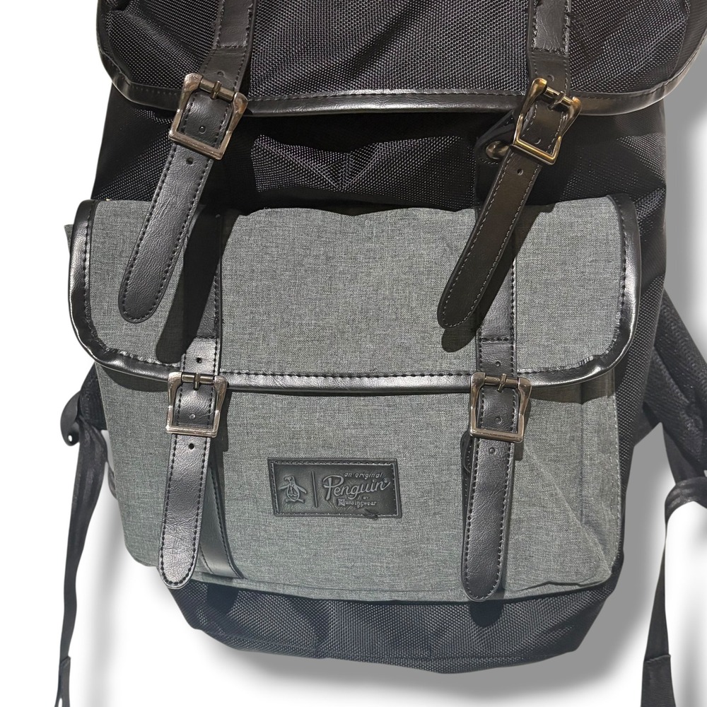 Original Penguin Black Grey Canvas Rucksack Backpack Laptop Sleeve Buckle Strap